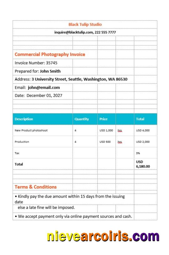 Commercial Photography Invoice